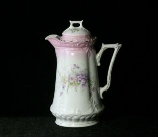 Antique Victorian French Or German Purple Violets & Pink Porcelain Chocolate Pot