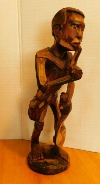 Vintage 13 " Tall Hand Carved Wooden Caribbean Statue - Man Smoking Pipe W/sickle