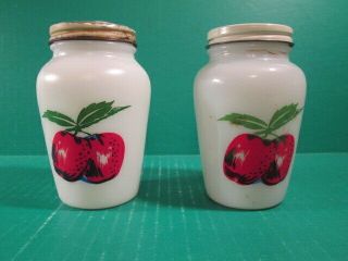 Vintage Milk Glass Salt & Pepper Shakers With Strawberry Design - Metal Lids