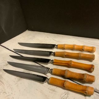 Vintage Bamboo Handle Steak Knives Set Of 5 Schmidt & Ziegler Solingen Germany