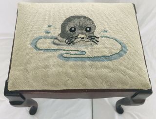 Vtg Needlepoint Seal Otter Embroidered13.  5 " Foot Stool Antique Tapestry Ottoman