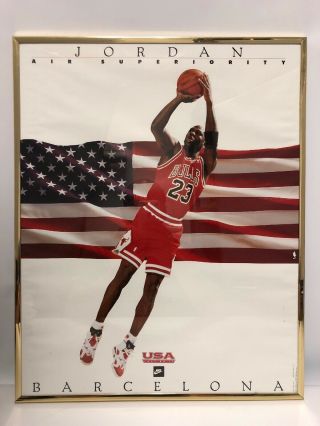 Vintage Framed Michael Jordan Air Superiority Barcelona Usa Wall Poster 20 " X16 ".