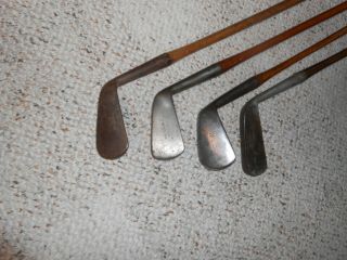 4 OLD ANTIQUE WOOD SHAFT (HICKORY) SMOOTH FACE GOLF IRONS 2