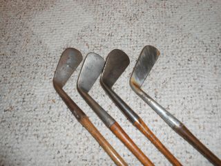 4 OLD ANTIQUE WOOD SHAFT (HICKORY) SMOOTH FACE GOLF IRONS 3