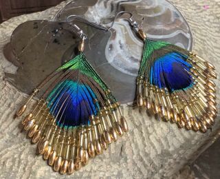 Peacock Feather Gold Beaded Earrings Vintage From The 90 