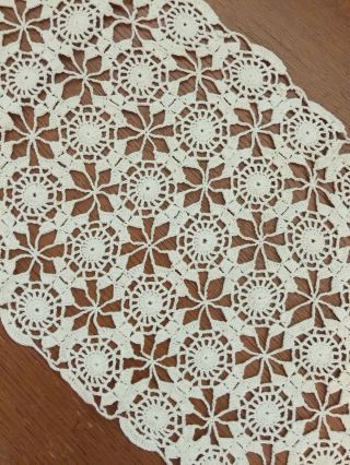 Vintage Crocheted Lace Table Runner Dresser Scarf Doily 26 " X 13 " Ecru/ivory