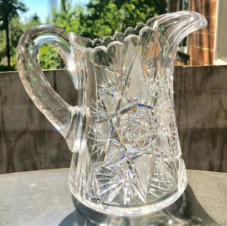 Vintage Crystal Cut Glass Pitcher Swirls & Sunburst Star Sawtooth Pattern Heavy