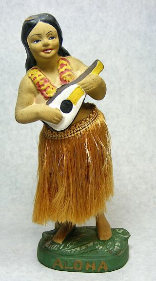 Vintage Ceramic Nodder Bobble Head Hawaiian Dancing Aloha Hula Girl W/ Ukulele