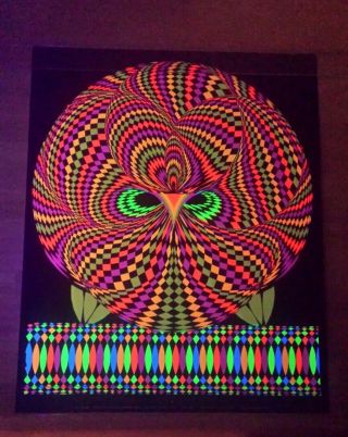 Vintage Wise Owl Blacklight Poster Psychedelic Op Art Nancy Parker Wespac 1970
