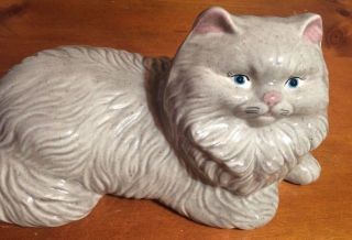 Vintage Mid Century Retro Ceramic Cat - Lying - Gray/blue Eyes/pink Ears - 11 " Long