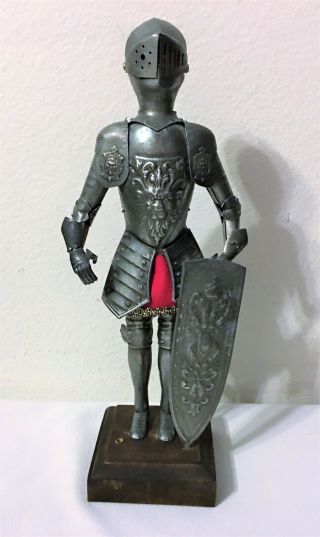 Vintage Medieval Knight In Full Metal Armor With Shield On Wood Base 13 " Tall