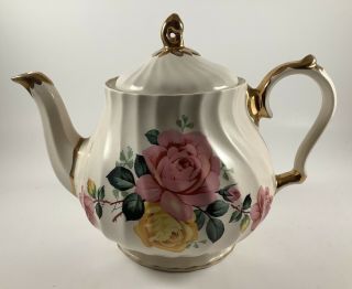 Vintage Sadler England Gold Rimmed Pink Rose Teapot