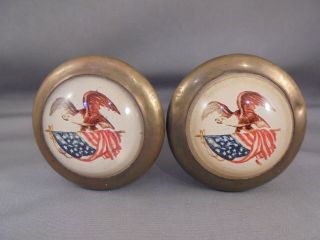 Pair Antique 19th C Brass Glass & Wood Eagle & American Flag Curtain Tiebacks