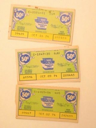 3 Vintage 50 Cent Pennsylvania State Lottery Tickets From Oct.  1974