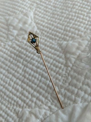Antique Art Nouveau 14k Yellow Gold Sapphire Diamond Stick Pin,  1 Gram