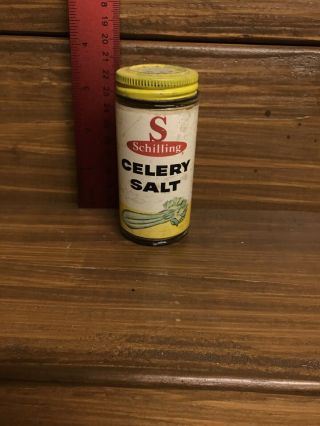 Vintage Schilling Celery Salt Amber Glass Spice Container - Full
