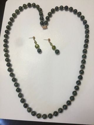 Vintage Spinach Green Jade Earrings 1 3/4” Necklace 31” 66 Beads
