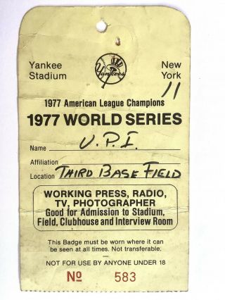 1977 World Series Press Pass York Yankee Stadium