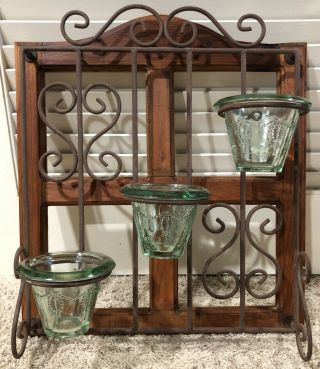Vintage Pier 1 Wall Hanging Planter Wood Frame Wrought Iron 3 Pots Pier One