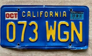Vintage 1981 California License Plate 073 Wgn (radio Station?) Blue With Gold