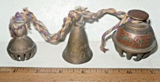 3 Vtg India Brass Bells Sarna 22 - 16 &elephant Claw On Colorful String Stung Rope