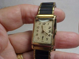 Vintage Rectangular Wristwatch Louis Brand Gold Plate Case And Swiss Mw Movement