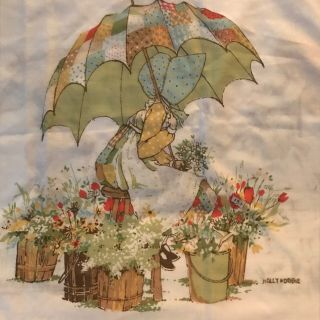 Vintage Holly Hobbie Standard Pillow Case White Two - Sided With Umbrellas Flowers