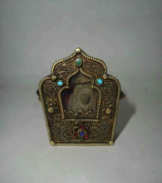 Antique Tibet Top High Aged Small Filled And Decorated Buddhist Amulet Gau Box