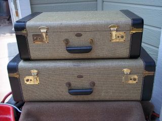 Antique Vintage Tweed Hard Shell Aero - Way Travel Suitcase Luggage Set Of 2 Usa
