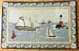 Vintage Claire Murray Hooked Wool Rug Nautical Sailboat Whale Lighthouse