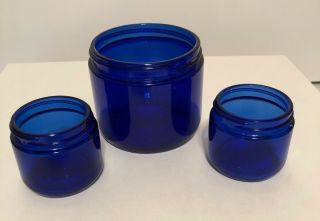 Set Of 3 Vintage Cobalt Blue Glass Noxema Jars 1 - 3 1/4”,  2 - 2 1/4”