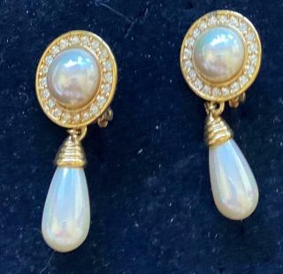 Roman Vintage Earrings Haute Couture Pave Ice Rhinestones & Pearl Drops