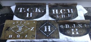 Five Antique Vintage Brass Letter Figure Stencils With Wood Handles