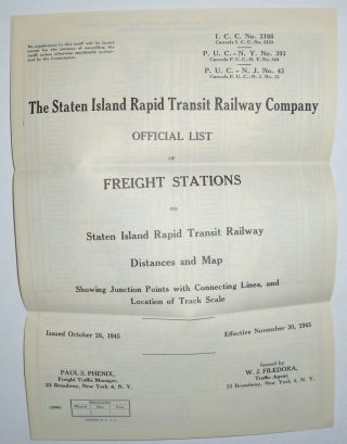 Staten Island Rapid Transit Railway 1945 Official List Of Freight Stations & Map