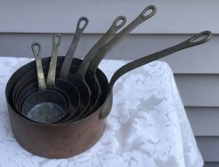 Set Of 6 Antique Vintage Copper Pots Pans Patina Riveted Brass Handle Cookware