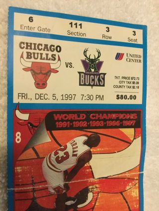 Chicago Bulls Milwaukee Bucks 12/5/1997 Ticket Stub MICHAEL JORDAN Game 8 3