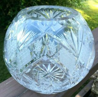 Large Heavy European Cut Glass Crystal Fish Bowl Vase Pinwheel Star Pattern