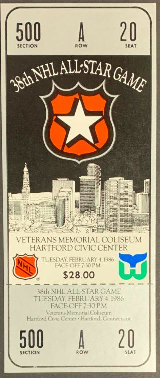 1986 Nhl All Star Game Full Ticket Veterans Memorial Coliseum Hartford Hockey