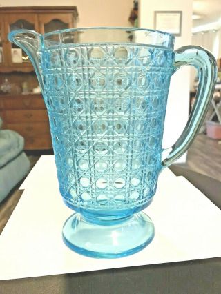 Antique Mckee Cane Large Blue Eapg Pressed Glass Footed Water Pitcher