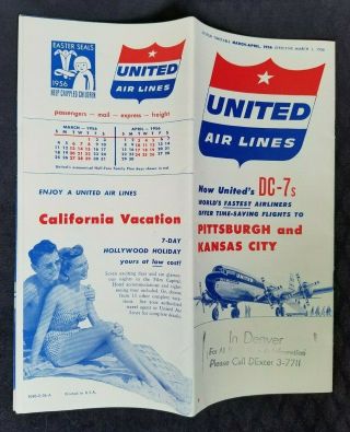 1956 Timetable United Air Lines Dc - 7 Propeller Airplane Starflight Flight To La