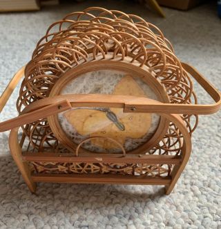 Vintage Set 6 Real Pressed Butterfly Wicker Bamboo Coasters & Carrier Caddy