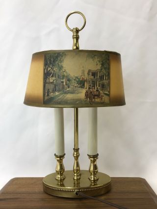 Vtg Small Brass 2 Candlestick Bouillotte Desk Table Lamp Antique Carriages Shade