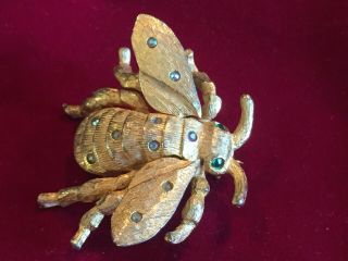Large Vintage Bee Brooch Gold Tone With Rhinestones Movable Wings
