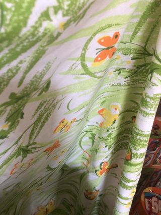 Vintage 70’s Orange Butterfly Green Grass Flat Sheet And Fitted 108”x 78” Bibb