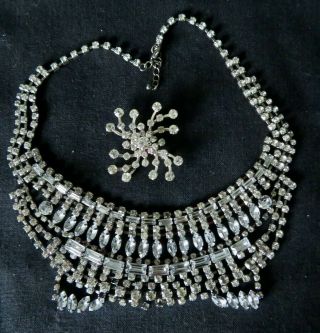 Vintage Silver Choker Necklace With Clear Rhinestones And A Rhinestone Brooch