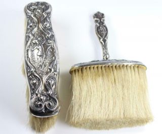 Antique Art Nouveau Nude Woman Cherub Horse Hair Brush Set 6443