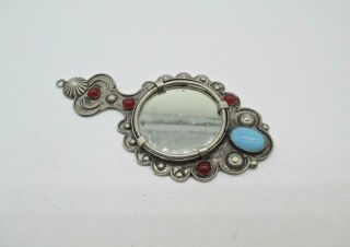 33 Gram Antique Sterling Silver Carnelian And Turquoise Hand Mirror