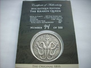 2016 " Kraken Queen " Antique Silver Coin 219 Of 500 Sbss /anonymous