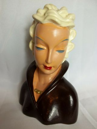 Vintage Hand Painted Chalkware 8 ½” Lady Head Figure Bust Statue