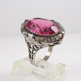 Vtg Antique Art Deco Sterling Silver Pink Stone Filigree Halo Ring Size 6.  5 Lfl4